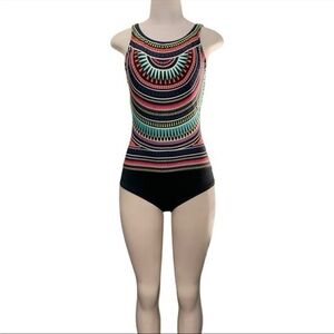 Clean Water One Piece Swimsuit Black Multicolored Pattern Modest Medium New
